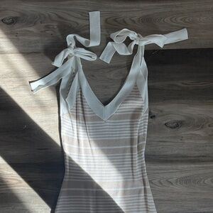 Amazon Beige and White Striped Tie-Shoulder Dress